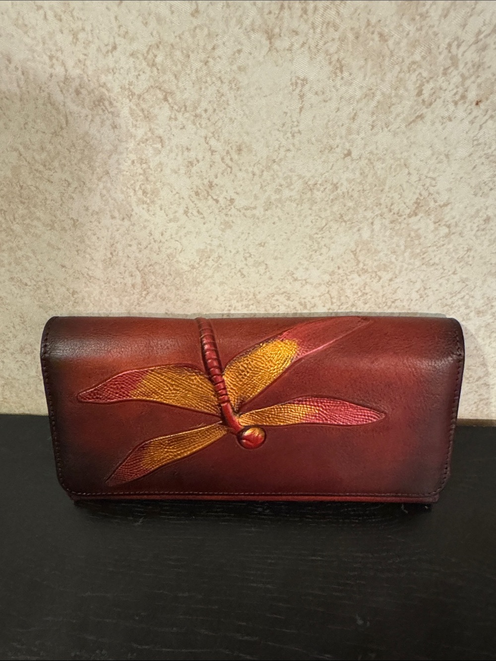 Leather Dragonfly Embossed Wallet - Red Brown